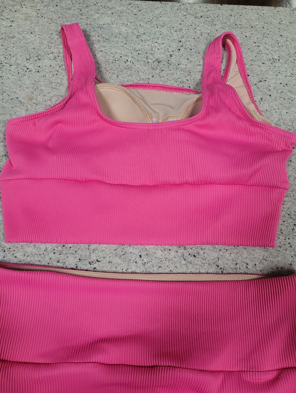 Lands’ End Pink Tugless Ribbed Midkini and High Waisted Bottom Swim Set Large - Picture 4 of 11